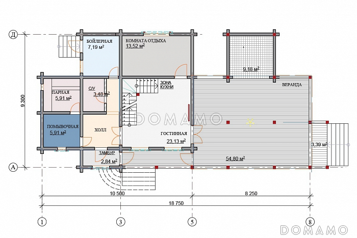 Проект дома с просторной верандой с панорамными окнами / План 1 этажа