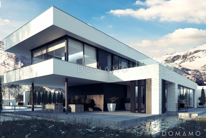 Проект просторного современного двухэтажного дома из газобетона с плоской крышей,  с верандой, гаражом и террасами на обоих этажах