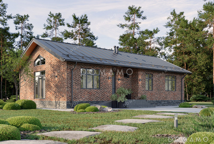 Проект одноэтажного дома с двускатной крышей, 4 спальнями и совмещенной кухней-гостиной