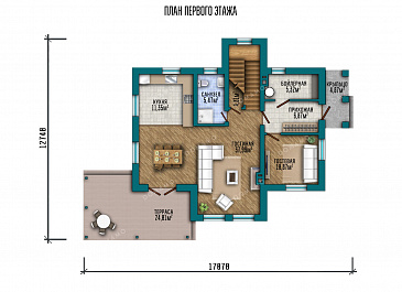Проект дома с мастер-спальней, гостевой комнатой на первом этаже, балконом и террасой / План 1 этажа