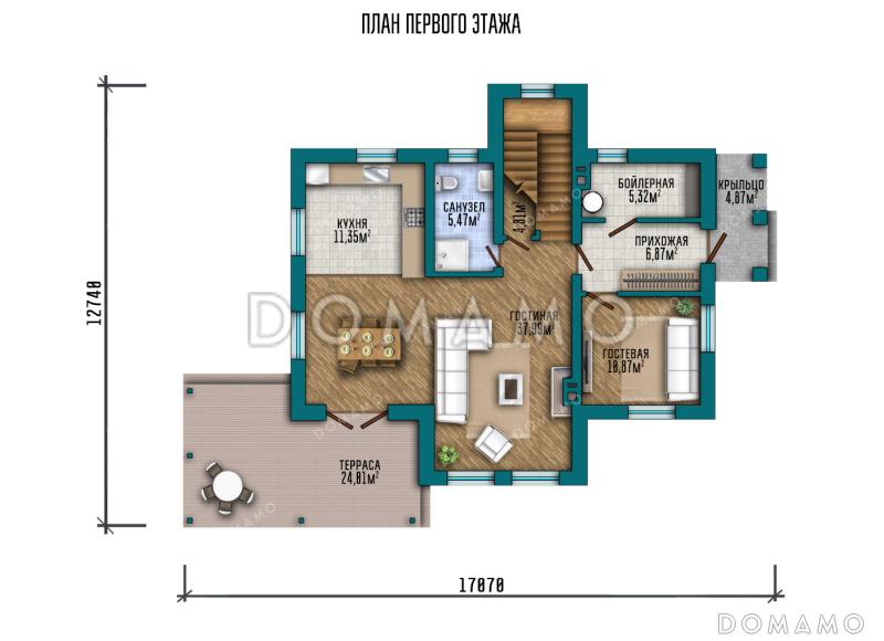 Проект дома с мастер-спальней, гостевой комнатой на первом этаже, балконом и террасой / План 1 этажа