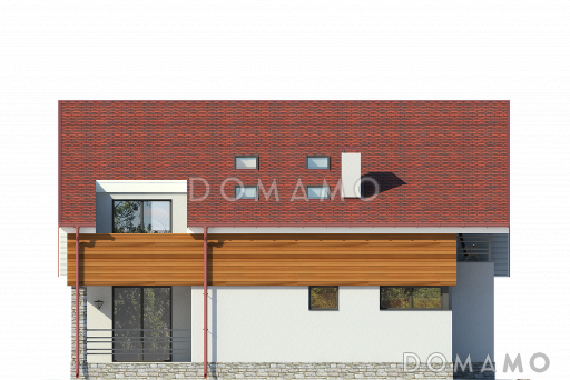 Проект дома с террасами, мансардными окнами, балконом, комнатой отдыха на первом этаже / Фасад 4