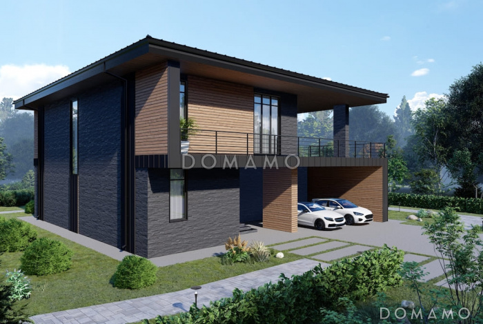 Проект дома в стиле хай-тек с 3 спальнями, большой гостиной, сауной и двухместным автонавесом