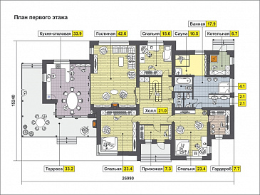 Проект дома с большой террасой с барбекю, большой гостиной с камином, спальнями на первом этаже, сауной, вторым светом / План 1 этажа