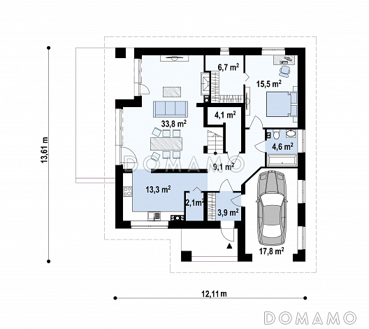 Проект мансардного дома из газобетона с четырьмя спальнями, необычным мансардным окном и гаражом  / План 1 этажа