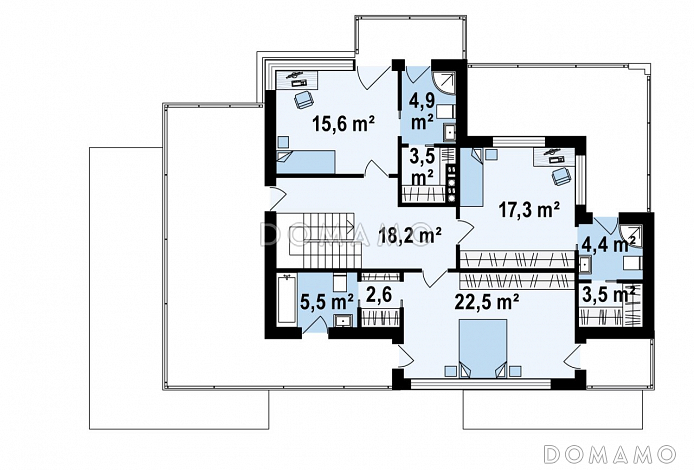 Проект просторного современного двухэтажного дома из газобетона, с пятью комнатами, гаражом и террасой над ним / План 2 этажа