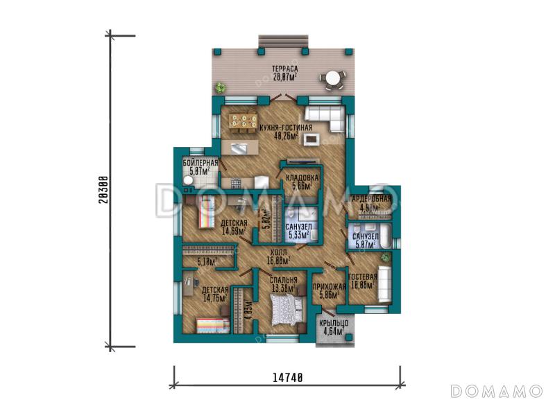 Проект дома с 4 спальнями и дневной зоной со вторым светом / План 1 этажа