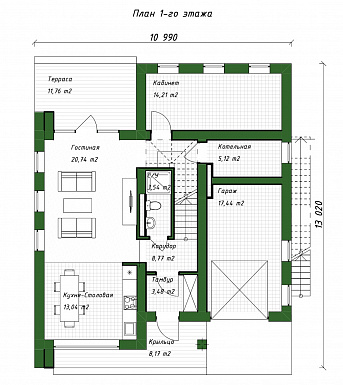 Проект двухэтажного дома из газобетона в стиле хай-тек со встроенным гаражом и открытой террасой на втором этаже / План 1 этажа