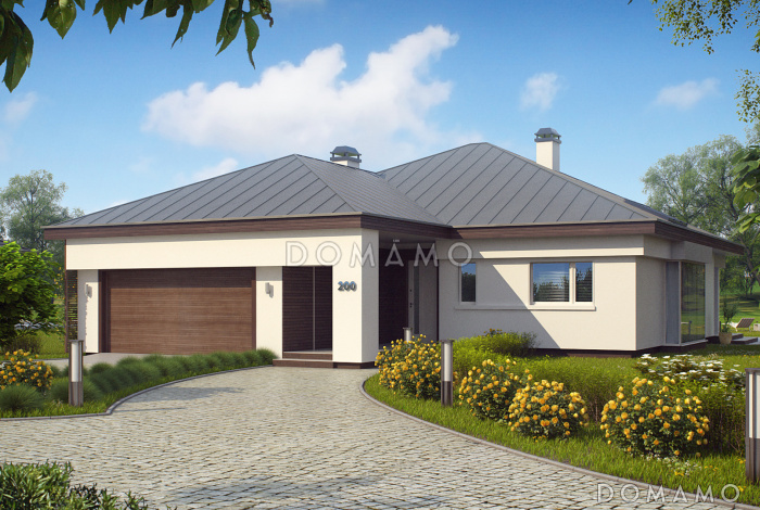 Проект дома с гаражом на 2 машины, кухней с кладовой, мастер-спальней, террасой