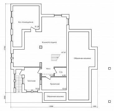Проект особняка в трех уровнях, с комнатой отдыха на чердаке, с мастерской, гаражом и навесом под автомобиль / План цокольного этажа