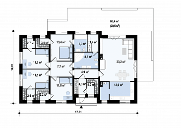 Проект просторного одноэтажного дома из газобетона с четырьмя спальнями с гардеробными  / План 1 этажа