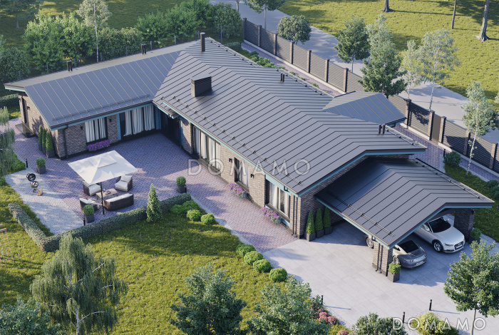 Проект кирпичного дома Г-образной формы с закрытой террасой, 3 кладовками, 3 спальнями и парной