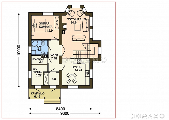 Проект вместительного коттеджа с каменными столбами крыльца и навеса / План 1 этажа