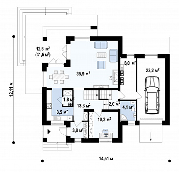 Проект загородного дома с подвалом, гаражом, террасой, кладовой на кухне, балконом / План 1 этажа