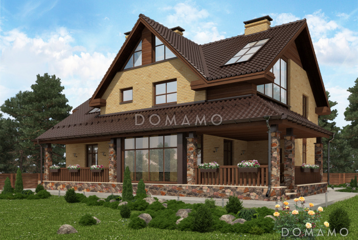 Проект дома с просторной гостиной и кухней столовой, террасой с барбекю, зимним садом, двумя балконами, 