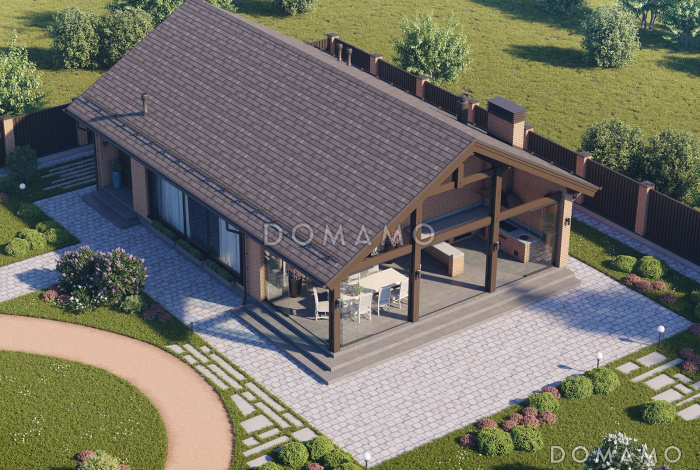 Проект кирпичной беседки с бильярдной, террасой барбекю, кухней и цокольным этажом