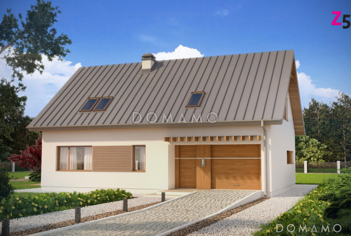 Проект одноэтажного мансардного дома из газобетона с кабинетом, открытой угловой террасой и гаражом 