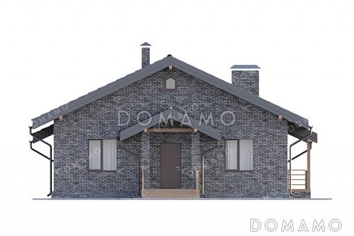 Проект выразительного одноэтажного дома с двухскатной крышей в разных уровнях, большой террасой и вторым светом / Фасад 2