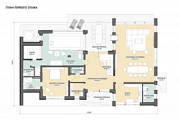 Проект дома с просторной дневной зоной, 4 спальнями, бассейном, сауной и джакузи на террасе / План 1 этажа