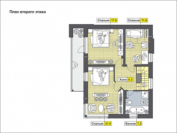 Проект частного дома с навесом для автомобиля, панорамными окнами в кузне-столовой, длинным балконом на мансардном этаже / План мансардного этажа