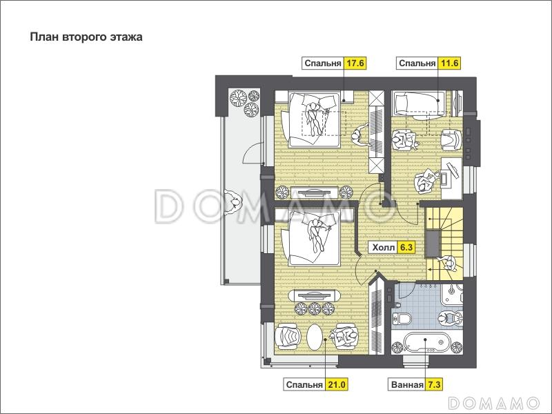 Проект частного дома с навесом для автомобиля, панорамными окнами в кузне-столовой, длинным балконом на мансардном этаже / План мансардного этажа