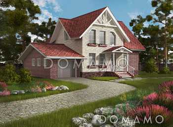 Проект загородного дома под красной кровлей с вторым светом, террасой и гаражом