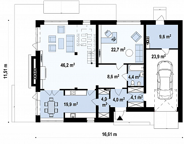 Проект современного двухэтажного дома из газобетона с плоской крышей,  с четырьмя спальнями, просторным кабинетом и гаражом  / План 1 этажа