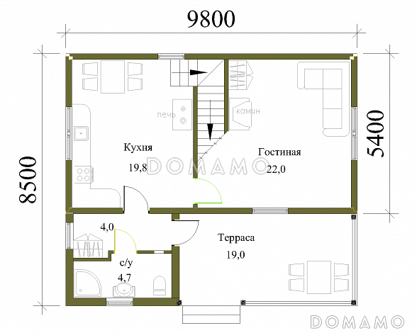 Проект недорогого дачного дома с балконом и двумя спальнями / План 1 этажа