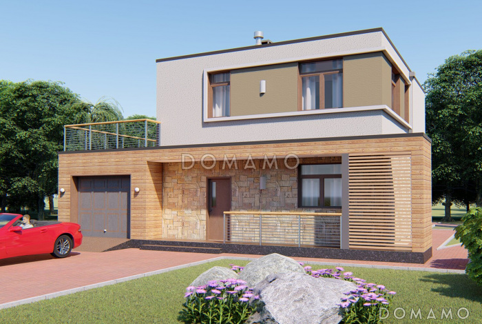 Проект современного дома с гаражом на одну машину, открытой террасой, просторной гостиной, широким балконом над гаражом