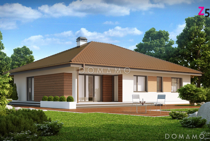 Проект одноэтажного дома из кирпича с большим гаражом и техническим помещением и частично крытой угловой террасой