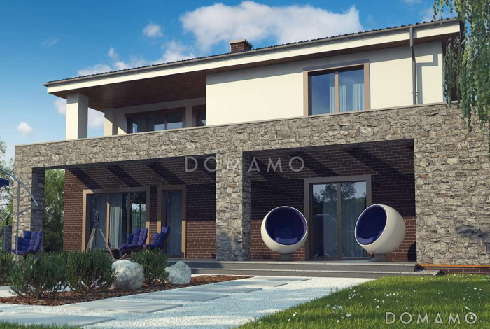 Проект просторного современного двухэтажного дома из кирпича с тремя спальнями, кабинетом, гаражом и сауной