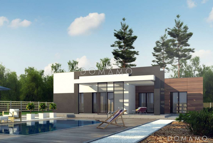 Проект просторного современного одноэтажного дома из газобетона с плоской крышей с тремя спальнями, крытой террасой и гаражом