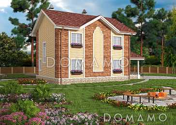 Проект небольшого двухэтажного кирпичного коттеджа с террасой при кухне