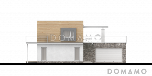 Проект современного двухэтажного дома с плоской крышей из газобетона с четырьмя спальнями, гаражом и просторной террасой над ним / Фасад 2