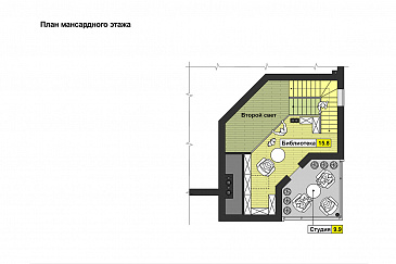 Проект квадратного загородного дома с большой гостиной, кухней-столовой, двумя террасам, вторым светом / План мансардного этажа