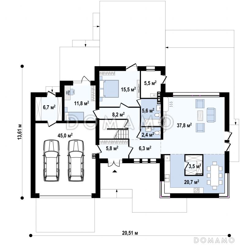 Проект загородного дома с подвалом, гаражом, кладовой в центре кухонной зоны, спальнями с санузлами на втором этаже / План 1 этажа
