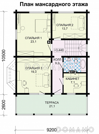 Проект деревянного дома из бруса с мансардой и просторными террасами / План мансардного этажа