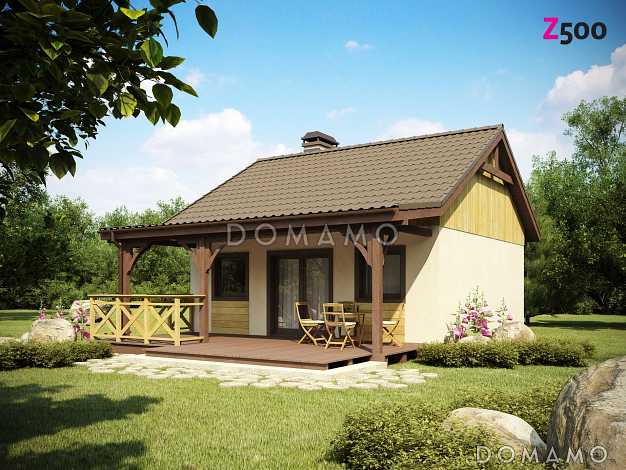 Проект маленького одноэтажного дома из кирпича с просторной крытой террасой