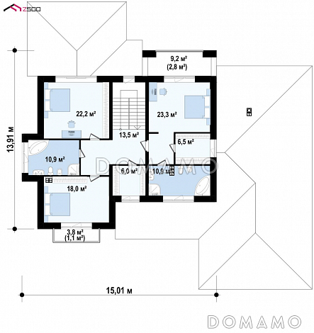 Проект загородного дома с гаражом и навесом, гостиной с эркером, большой прихожей / План 2 этажа