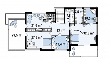 Проект современного двухэтажного дома в стиле хай-тек из кирпича с плоской крышей, балконом и гаражом с двумя отдельными въездами / План 2 этажа