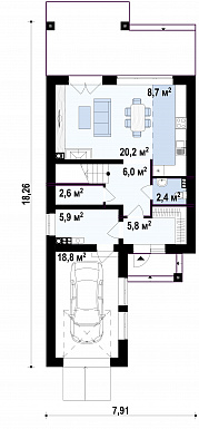 Проект двухэтажного дома из газобетона с фронтальным гаражом для узкого участка / План 1 этажа