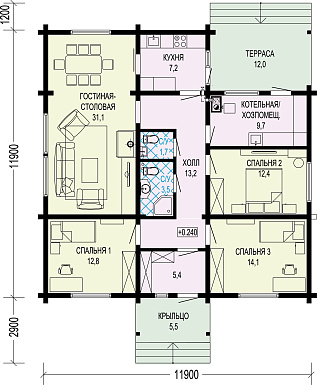 Проект одноэтажного дома из бруса с тремя спальнями и террасой / План 1 этажа