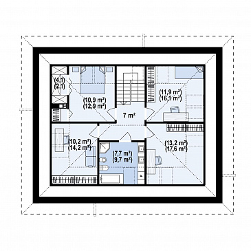 Проект загородного дома с мансардой, гаражом на одну машину, кладовой на кухне / План мансардного этажа
