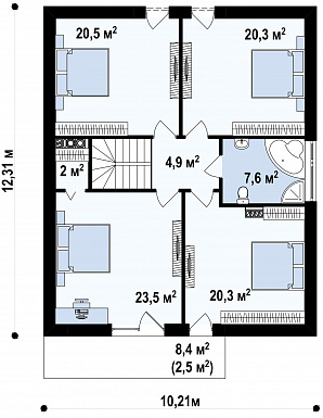 Проект мансардного дома из газобетона с пятью спальнями, гаражом и балконом / План мансардного этажа