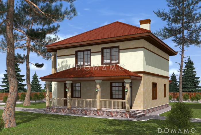 Проект двухэтажного коттеджа с террасой и двумя балконами