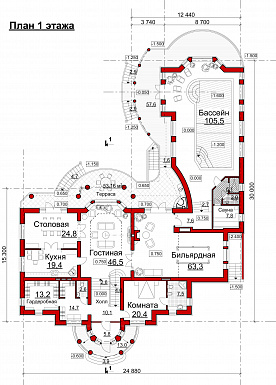 Проект коттеджа с двусветной гостиной, бильярдной и бассейном / План 1 этажа