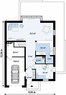 Проект просторного современного одноэтажного дома из газобетона  с мансардой, с двумя балконами в кровле и встроенным гаражом  / План 1 этажа