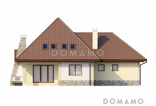 Проект просторного мансардного дома из кирпича с четырьмя спальнями, гаражом и барбекю не террасе / Фасад 2