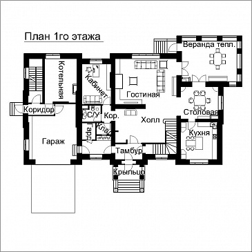 Проект двухэтажного дома с выступающими эркерами, балконами / План 1 этажа