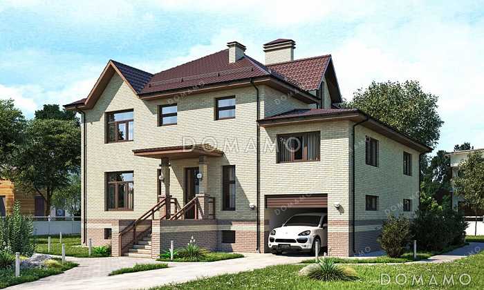 Проект двухэтажного дома с гаражом, оборудованным подвалом и крытой террасой